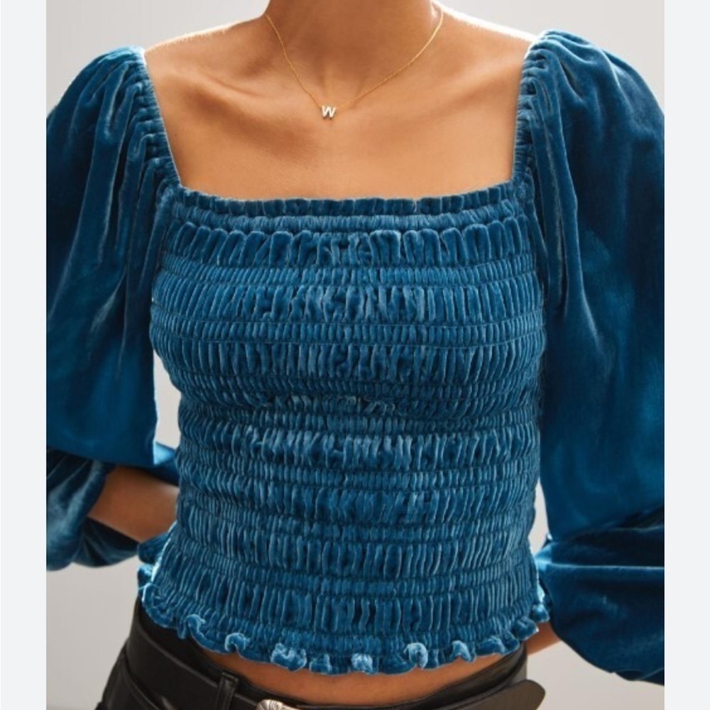 Anthropologie Puff Sleeved Velvet Blouse Aqua Blue Smocked Top Shirt Sz XS NEW